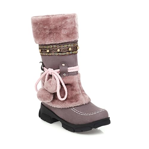 AIJIVOU Women's Mid-Calf Slip On Winter Snow Boots, Classic Round Toe Suede Faux Fur Cozy Warm Comfortable Winter Booties Low Heel Hairball Flat Soled Shoes (purple,9.5-10 M US)