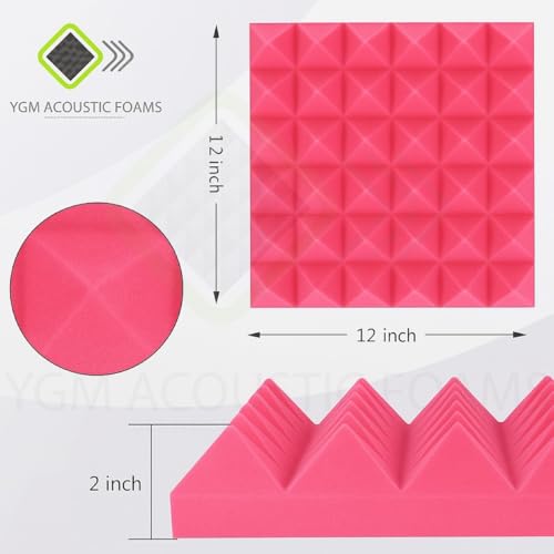 Image of YGM Acoustic Foams Pyramid Acoustic Panels 1 Footx1 Footx2inch Thick, 50 Density Acoustical Sound Proof Foam for Room, Studio, Echo Reduction & Noise Absorption (Black & Pink, Set of 108)