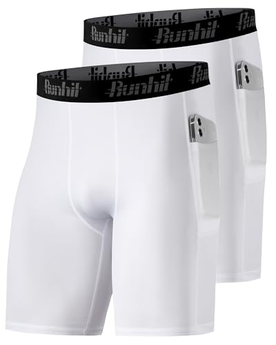 Runhit 2 Pack Mens Compression Shorts with Pocket, Spandex Athletic Workout Shorts, Underwear Boxer Brief for Running White