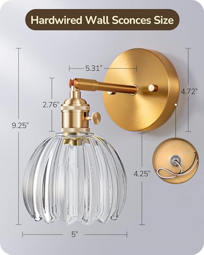 EDISHINE Hardwired Wall Sconces Set of Two, Brass Gold Wall Lamp with Transparent Tulip Glass Lampshade 180 Degree Adjustable, Vintage Bathroom Lighting Fixtures for Bedroom Living Room Hallway - Image 4