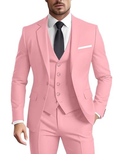 Herrenanzug 3-teilig Slim Fit Formal Business Hochzeit 2 Knöpfe Blazer Weste Hosen Set Smoking, Pink, L