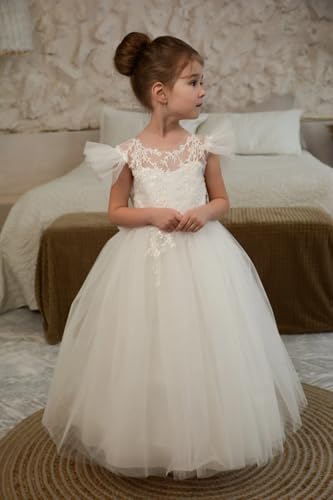 Puffy Flower Girl Dress Princess Tulle Pageant Ball Gown Girls V-Back Lace Appliques First Communion Dresses with Bow2