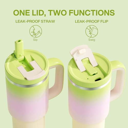 Image of ENCOOL 40 oz Tumbler with Handle and Straw: Stainless Steel Insulated Tumbler Keeps Cold for 24 Hours, Leakproof Travel Cup Fits in Cup Holder and BPA-Free, Morning Dew