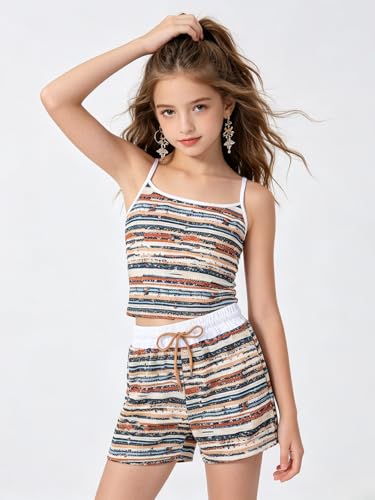 Image of Size 7-14Y Girls Clothes 2 Piece Outfits Striped Tank Top Drawstring Shorts Teen Girls Summer Clothing Sets