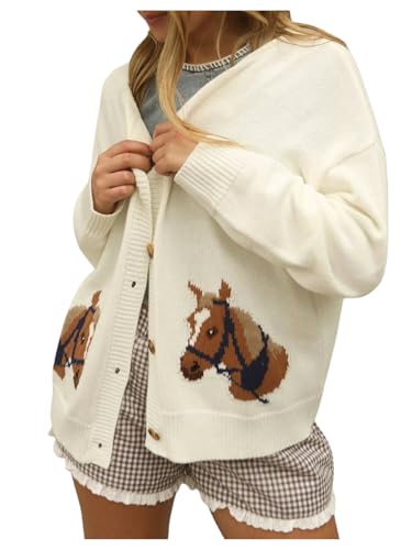 SHENHE Womens Novelty Horse Intarsia Long Sleeve Knit Button up Cardigan Sweater Beige X-Small