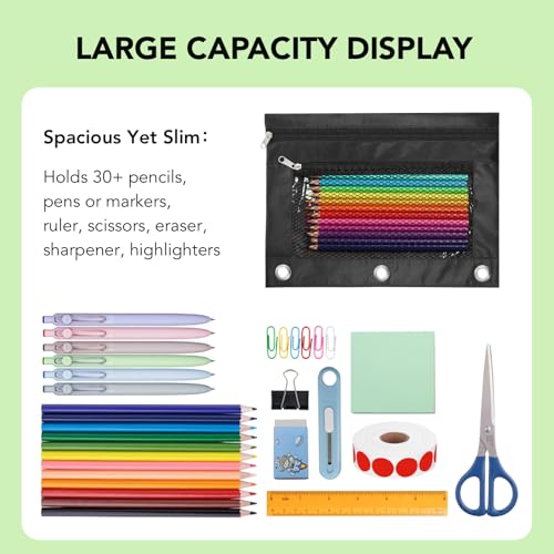 Image of Pencil Pouch for 3 Ring Binder, Heavy Duty Canvas Dual Zipper Pen Bag with Clear Window, Smooth Metal Zipper, Fit Standard 3-Ring Binders for School Office Travel Supplies (Black)