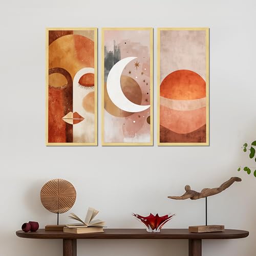 Image of PAINTINGMANTRA Abstract Face & Celestial Framed Wall Art Set of 3 | Modern Boho Art Prints with Engineered Wood Frame | Wall Decor for Living Room, Bedroom & Office, 8.9x18.9 Inch