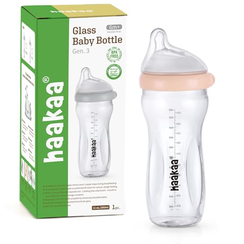 Image of haakaa Gen.3 Natural Glass Baby Bottle 11oz/1PK - Wide Neck Anti-Colic Variable Flow Nipple,Easy to Clean & Latch for 6m+ Breastfeeding Baby Toddler,BPA-Free - Peach