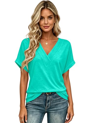 Image of T Shirts Short Sleeve V Neck Tees Womens Tops Beach Vacation Fashion Clothes 2026 Casual Summer Spring Fall Outfits