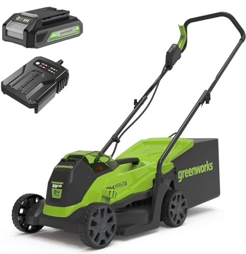 Greenworks 24V 33cm Cortacésped Inalámbrico, Altura de Corte 25-70mm, Reposabrazos Plegable, Motor Brushless, Bolsillo para Recolección de Césped de 30 L (con 2Ah Baterías y Cargador)