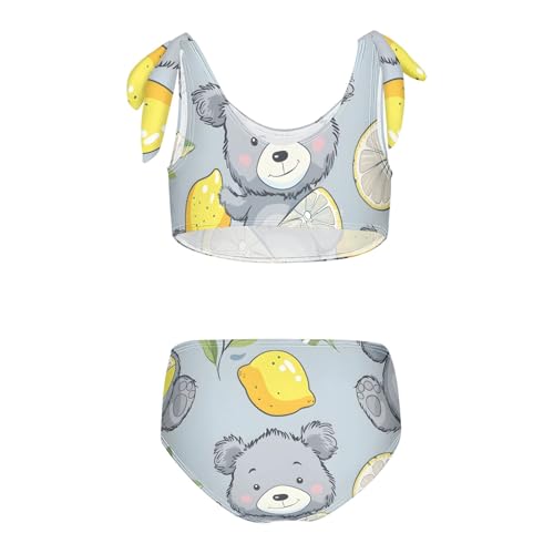 Girls' Bikini Set, Cartoon Bear Holding Lemon Kids Swimsuit 2 Pcs Beach Bathing Suit2