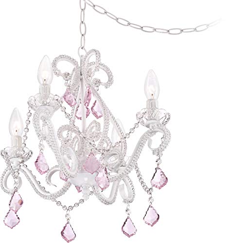 Regency Hill Crystal Scroll White Plug In Swag Pendant Chandelier Lighting 16" Wide Farmhouse Rustic Clear Pink 4-Light Fixture For Dining Room Living House Foyer Kitchen Island Entryway #TOP2