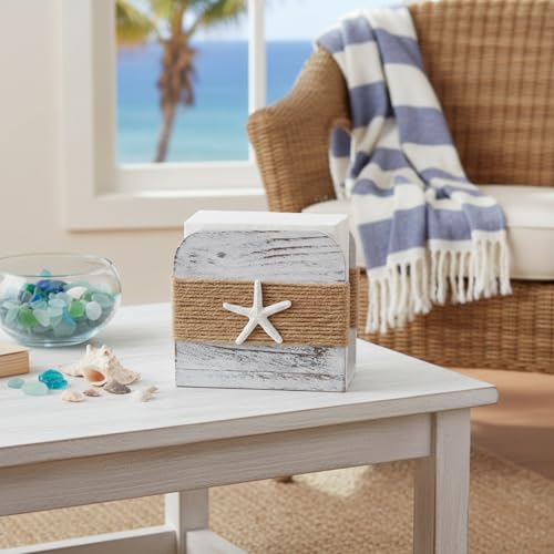 Image of Natural Wooden Napkin Holder, Farmhouse Napkin Holders Upright Wooden Tissue Dispenser for Kitchen Dining Room Table Decor Indoor & Outdoor Use (Beach Style,White)
