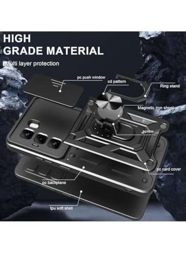 Image of Spazy Case Infinix Hot 60 Back Cover | Heavy Duty Hybrid Case with 360 Degree Rotating Finger Ring Holder + Slider Shutter Camera Protection Case for Infinix Hot 60 - Black