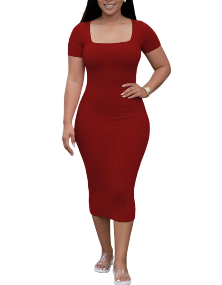 Image of TOPSRANI Women Sexy Midi Dress Bodycon Casual Sleeveless Basic Ruched Tank Summer Club Party Dresses