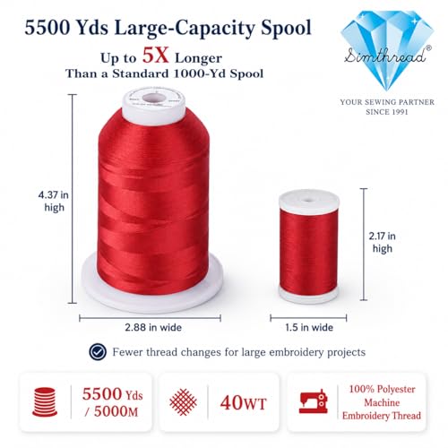 Image of Simthread 5500Yds /5000M 40WT Polyester Embroidery Thread Raspberry S083 | High-yardage 5000M spool offers smooth feeding and stable 40WT polyester thread for home and commercial embroidery machines.