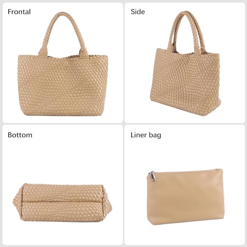 Image of Woven Tote Bag Womens Purse Vegan Leather Shoulder Handbags Fashion Summer Beach Tote Bags Large Travel Totes