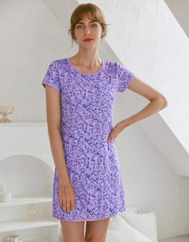 Image of Ekouaer Womens Nightgown Sleep Shirt Dress Satin Patchwork Short Sleeve Sleepwear with Pocket