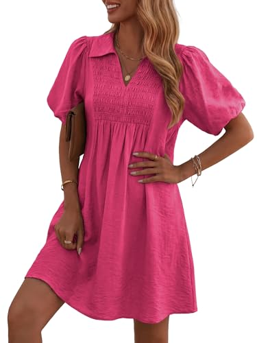 HUHOT Business Casual Dress Pink Dress Puff Sleeves with Pockets