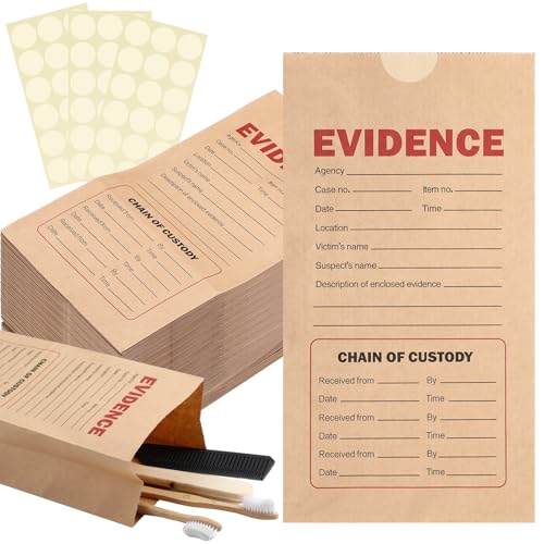 Affrolling 50 Pack Paper Evidence Bag for Party 9.5x 5x 3inches Kraft Paper Evidence Bag with Dot Self Adhesive Stickers Murder Mystery Police Detective Party Decorations