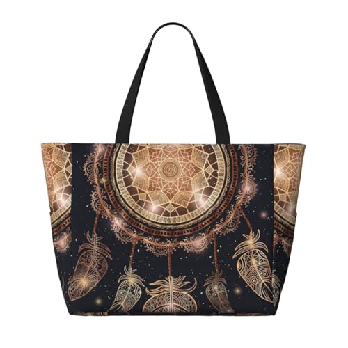 Native American Indian Talisman Dreamcatcher With Magic Mandala And Feathers Beach Bag Women Tote Bag Pool Bag With Zipper For Gym Grocery Travel With Wet Pocket2