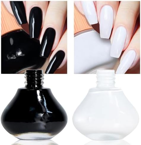 COSMOO White and Black 2pcs Nail Polish, 12ml Quick Dry Nail Lacquer, Super Lustrous Nail Enamel Polish, Shimmer Iridescent Ultrachrome Nail Art Varnish, 0.41 fl oz/pcs (Black + White)