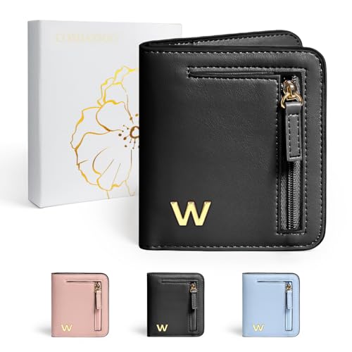 Image of COSHAYSOO Womens Initial Letter RFID Small Wallets Monogram Slim Thin Woman Wallet Travel Credit Card Cash Coin Holder, Birthday Christmas Mothers Fathers Halloween Thanksgiving Day Gifts Black W
