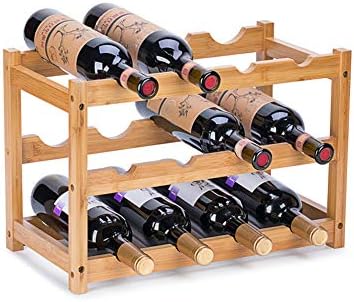FOSTERSOURCE Wine Rack, Natural Bamboo Storage Rack Freestanding Countertop Stackable Display Shelf Wine Bottle Holder (3-Tiers 12-Bottles)
