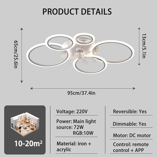 Caufloce 95cm Lamparas Ventilador De Techo RGB Regulable, Reversible Ceiling Fan with Light and Remote Control APP, Moderno Ventilador De Techo Con Luz 72w 6 Velocidad Para Salón Dormitorio-White - imagen 6