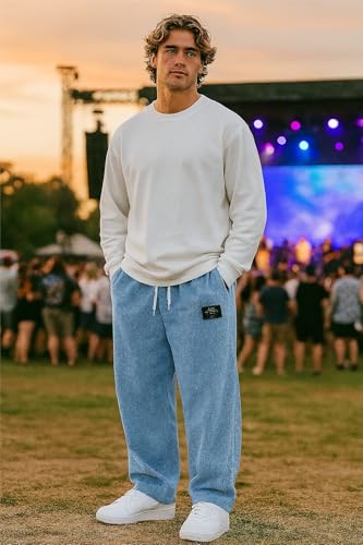 Pacificozy Men's Corduroy Pants Mens Loose Ribbed Fabric Embroidered Logo Drawstring Loose Elastic Waist Pocket Trousers3