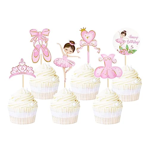 Ercadio 24 Pack Ballerina Tutu Cupcake Toppers Pink Ballet Girl Cupcake Toppers Ballet Happy Birthday Cupcake Picks for Ballerina Theme Baby Shower Birthday Party Cake Decoration Supplies