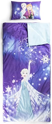 Jay Franco Sac de Couchage Disney la Reine des neiges avec Oreiller intégré, Ensemble Couverture et Oreiller, Tapis de Sieste avec poignée de Transport, 2 pièces