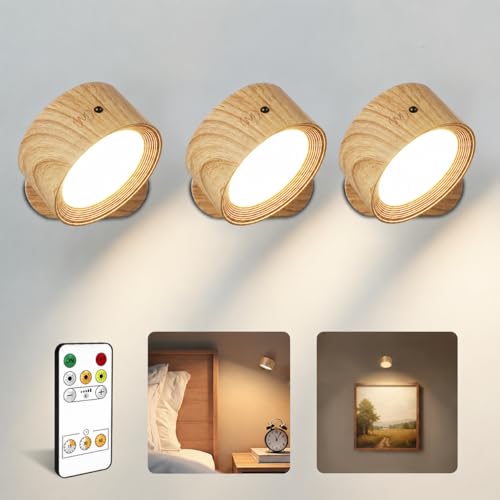Image of LED Wall Mounted Lights, Rechargeable Wall Sconces Lamp, 3 Color Temps & Remote and Touch, 360Rotation Dimmable Cordless Wall Light for Study Bedroom Reading Bedside(Wood, 3Pack)