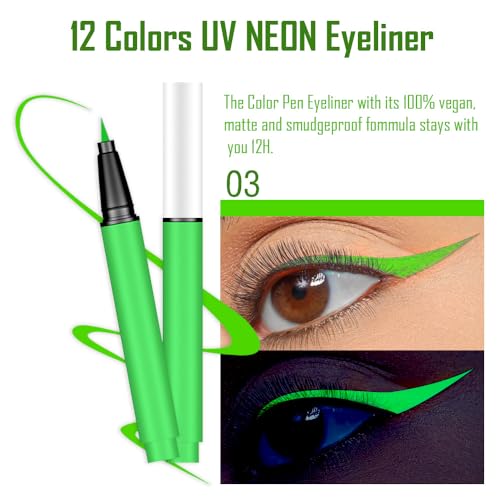 evpct Colorful UV Neon Liquid Eyeliner Pencil Pen, Rainbow Halloween Matte Colored Eyeliners Pencil Glow in Dark, Waterproof Long Lasting Highpigmented Delineador ojos lÃquido de neón 03# dark green - Image 5