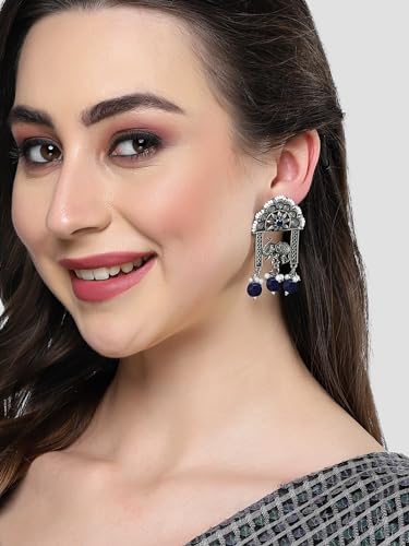 Image of Karatcart Silver Tone Diamond Shape Pink and Blue Carved Stone Studded Drop Earrings for Women