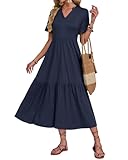 AUSELILY Maxi Dresses for Women UK Casual Loose Summer Long Dress Short Sleeve Swing Beach Dresses with Pockets Navy Blue M