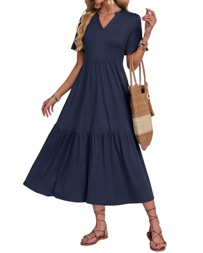 Auselily Maxi Dresses For Women Uk Casual Loose Summer Long Dress Short Sleeve Swing Beach Dresses With Pockets Navy Blue L