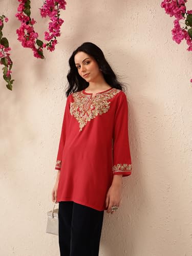 Image of QAZMI Women's Naila Kashmiri Aari Embroidered Viscose Rayon Full Sleeves A-Line Short Kurti
