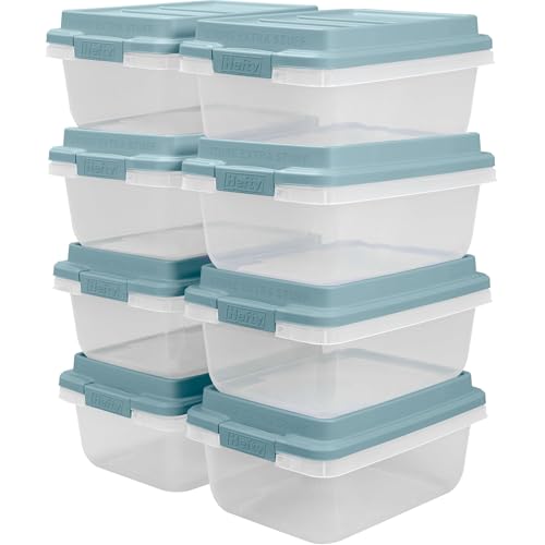 Hefty 18 Quart Hi-Rise Storage Bin with Lid, Stackable Plastic Container for Home, Office, and Classroom Organization, 8 Pack, Smoke Blue