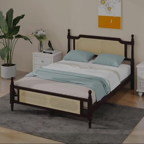 Image of Janghu Furniturewala Solid Sheesham Wood Classic Colonial Bed with Dual Cane Jali Work | Handcrafted Wooden Double Bed with Rattan Headboard & Footboard | Walnut Finish (King)