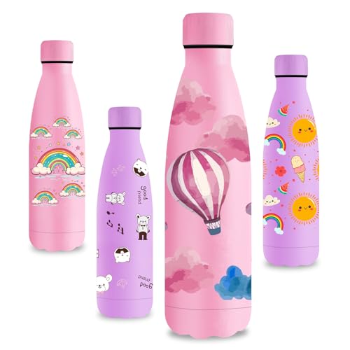Vikastar Botella Termica, 0.5L Sin BPA, Botella Agua Acero Inoxidable, Reutilizable, Cantimplora, a Prueba de Fugas, Doble Aislamiento, Botella de Agua para Niños, Deportes, Fitness, Rosa Globos
