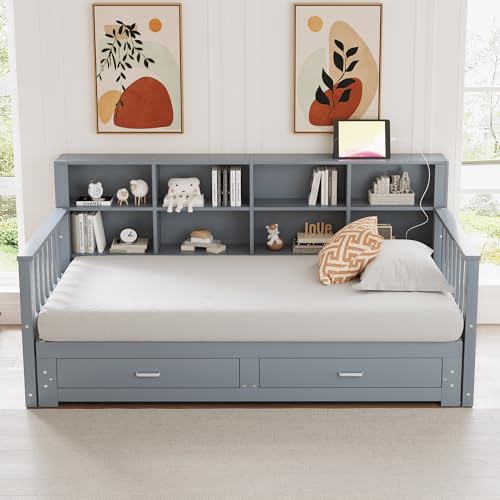 FAYICIC Sofá cama extensible de madera maciza, 90/180 x 190 cm, armario de almacenamiento con enchufe en el pasamanos laterales, con 2 cajones y somier de listones, color gris