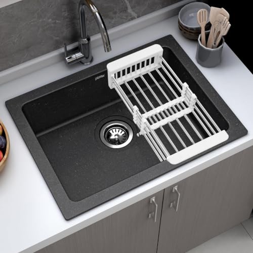 Image of Plantex Undermount Sink For Kitchen /Quartz Acrylic Kitchen Sink With 10 Years Warranty /Metalic Single Bowl Kitchen Sinks With Coupling (Siapan-24X18 Inches, Metallic, Black)