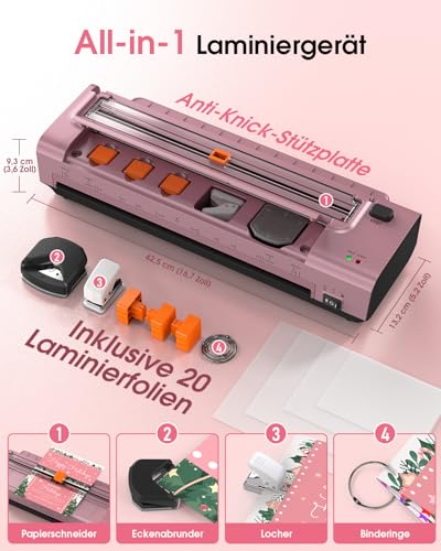 13 Zoll A3/A4 Laminiergerät mit 20 Laminierfolien, Heiß & Kalt Foliergerät, ABS Anti-Stau, 10-in-1 Laminator mit Schneider, Trimmer & Eckenabrunder für Büro, Schule & Zuhause（Seidenrot-Silber ）