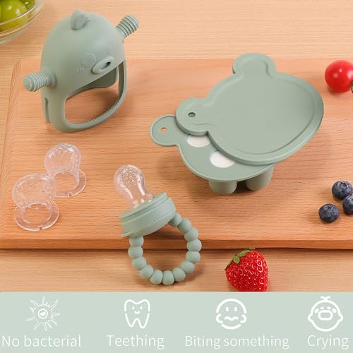 Gedebey Baby Fruit Feeder & Breastmilk Popsicle Mold Set – 3 Pack Silicone Teething Relief Kit with Food Feeder Pacifier, Freezer Tray with Lid & Baby Teether (Pea Green)