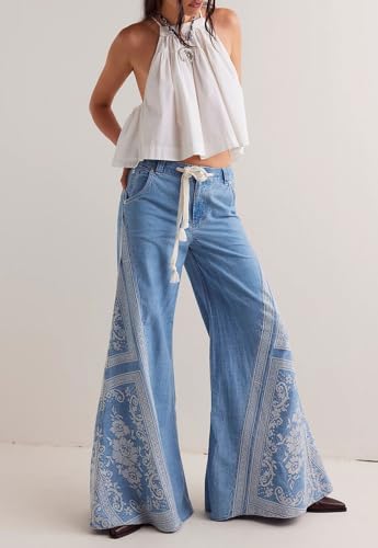 loveimgs Women Retro Y2k Bell Bottom Jeans Embroidered Flare Jeans Cowgirl Baggy Floral Wide Leg High Rise Denim Pants Pocket2