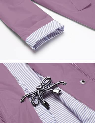 LOMON Women Rain Jacket Belted Adjustment Hooded Long Lightweight Waterproof Lined Raincoat Grey Purple M