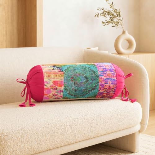 Image of SAJAVAT HOME Printed Multicolour Bolster Cover | 32x15 Inch Round Side Pillow Covers with Adjustable Ties | Stylish Diwan Cushion Covers for Sofa, Bed & Couch Pack of 1