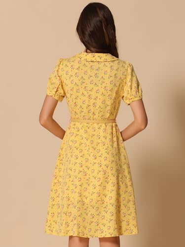 Image of Allegra K Women's Peter Pan Collar Tie Neck Short Sleeves A-Line Elegant Belted Vintage Floral Dress