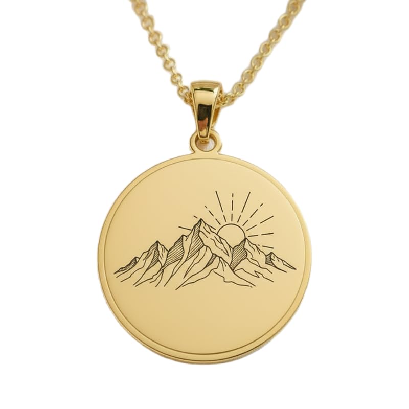 Collier montagne gravé symbole de renouveau, pendentif poétique fait main en argent doré